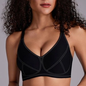 Close-up of black seamless bra featuring decorative white double stitching details