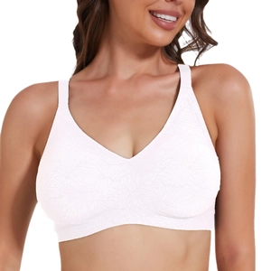 White seamless bra with floral lace texture and wide shoulder straps for comfort
