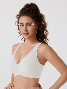 Soutien-gorge sans coutures col en V profond blanc crème avec larges bretelles