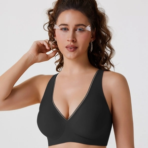 Soutien-gorge sans couture noir col en V sans armature avec bordure en tulle souple