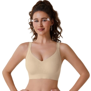 Seamless push-up wireless bra in beige featuring wide straps and soft support lift