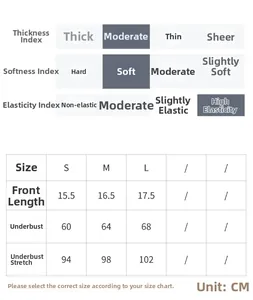 Size chart for strapless tube top showing fabric elasticity and detailed CM measurements