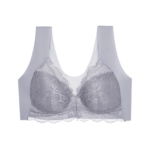 Light purple plus size lace nursing bra with front closure and floral embroidery