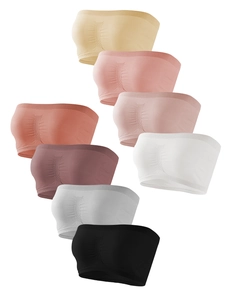 Detail of 8 seamless bandeau bras in multiple colors with ribbed elastic edges and knit texture