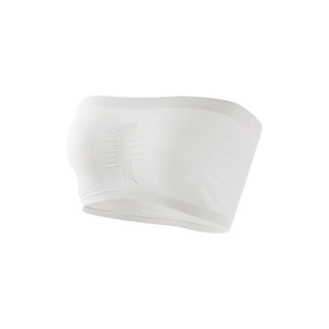 Detailed view of white seamless bandeau top featuring ribbed edges and central ruching