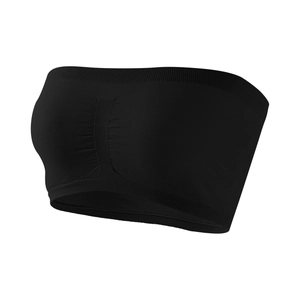 Detail of black strapless bandeau bra featuring ribbed edges and central ruched shaping