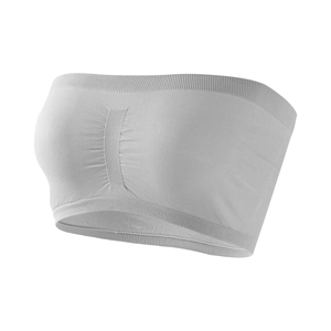 Detail of light grey seamless bandeau bra featuring ribbed edges and central gathering