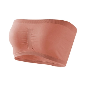 Close-up of seamless ribbed strapless bandeau bra in coral pink with center cinched detail