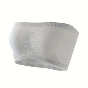 Seamless white bandeau tube top with strapless ribbed edges and central ruched detailing