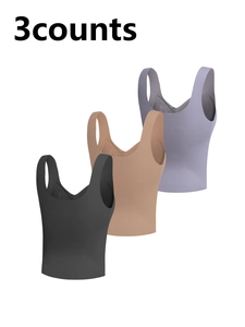 Three-pack seamless stretch v-neck sports bras in black, beige, and lavender colors