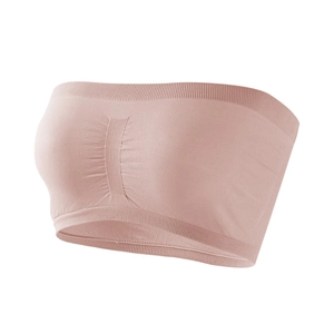 Pink seamless tube top with ribbed edges and gathered center in stretchy knit fabric
