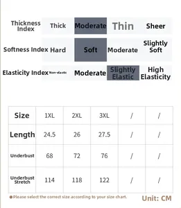 Size chart for nursing bra detailing measurements for 1XL to 3XL with fabric elastic specs