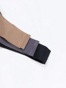 Macro shot of high-elasticity ribbed knit straps in black, grey, and camel tones