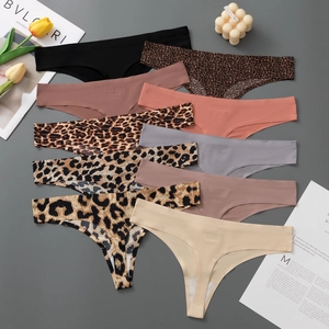 Seamless ice silk thong set for women in solid colors and leopard prints on grey surface