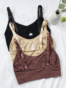 Detailed view of seamless nursing bras in black, beige, and brown with soft wide straps