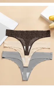 Three-pack seamless ice silk thongs in leopard print, beige, and grey with cotton crotch