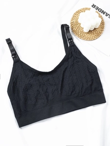 Detail of black nursing bra with wavy textured knit fabric and adjustable straps