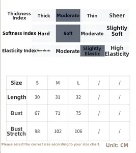 Detailed size chart for seamless sports bra top showing measurements for S, M, and L sizes