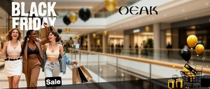 Three fashion models in casual outfits holding shopping bags for Black Friday promotion