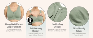Detail view of front-zipper sports bra showing auto-lock design and skin-friendly fabric