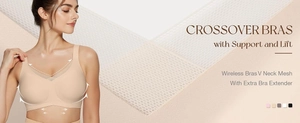 V-neck wireless mesh bra with support panels and extra bra extender detail