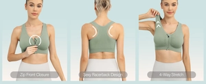 Sports bra with zip front closure and racerback design in four-way stretch fabric