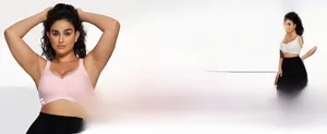 Close-up of seamless wireless V-neck bra with wide shoulder straps and soft support mesh