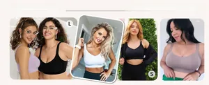 Kundenshowcase von nahtlosen, bügellosen Sport-BHs in Lila, Schwarz, Weiß und Rosa