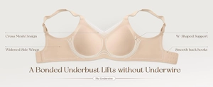 Detail view of skin-tone seamless bra with W-shaped support and cross mesh design