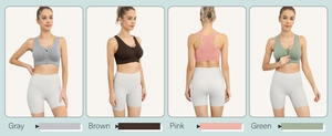 Detailed views of front-zip wireless sports bra and high-waisted shorts in four colors