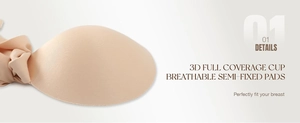 Detail of 3D full coverage cup with breathable fabric and semi-fixed pad on a beige bra