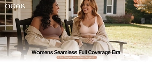 Detail of seamless full coverage bras with wide straps and high side wings on models