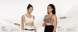 Size guide for wireless mesh bra showing detailed body measurements for S and L sizes