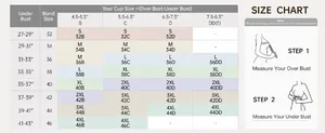 Size chart for seamless wireless bras with under bust and cup measurements from S to 4XL
