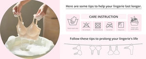 Care instruction guide for beige seamless bra with washing icons and hand wash demonstration