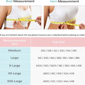 Detailed size chart for women's zip front sports bra showing bust and hem measurements