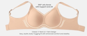 Detail of nude seamless bra with 360-degree jelly band support and adjustable straps