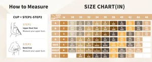 Comprehensive size chart for wireless bras with step-by-step measuring guide for band and cup