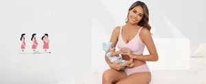 Detail of light pink seamless nursing bra with wavy edges and maternity buckles