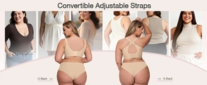 Detail of plus size seamless bra showing adjustable convertible straps and U-back design