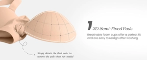 Detail view of breathable 3D semi-fixed foam pads on a seamless nude wireless t-shirt bra