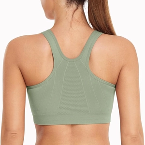 Women's front zipper sports bra in avocado green with seamless racerback design
