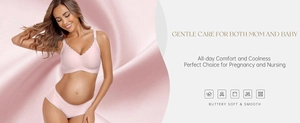 Pink seamless maternity bra and panty set with soft wavy edges for nursing comfort