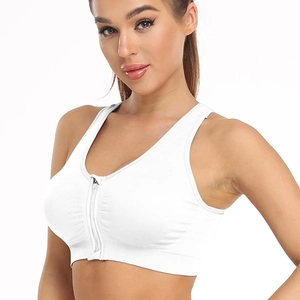 Women's front zipper wireless sports bra in white for yoga and post-surgery support