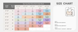 Size chart showing under bust measurements and cup sizes from B to DDD for seamless bra