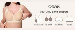 Detail of nude seamless bra featuring 360-degree jelly band support and high side wings