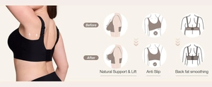 Detail view of seamless wireless bra showing wide straps and back smoothing lift effect