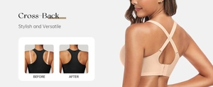 Close-up of seamless nursing bra featuring cross-back support and adjustable back straps