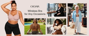 Detail showing the versatility of a seamless plus size wireless bra in various life scenarios