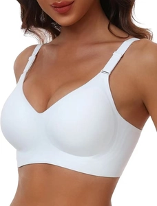 Detail view of white seamless wire-free bra with wide side wings for breast support